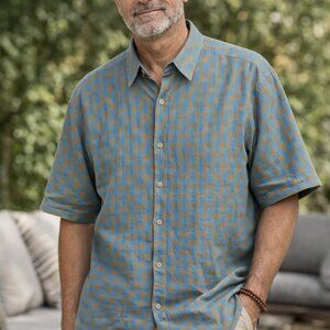 Men's 2XL Short Sleeve Shirt Maxini 100% Linen Blue/Yellow Button Down Casual